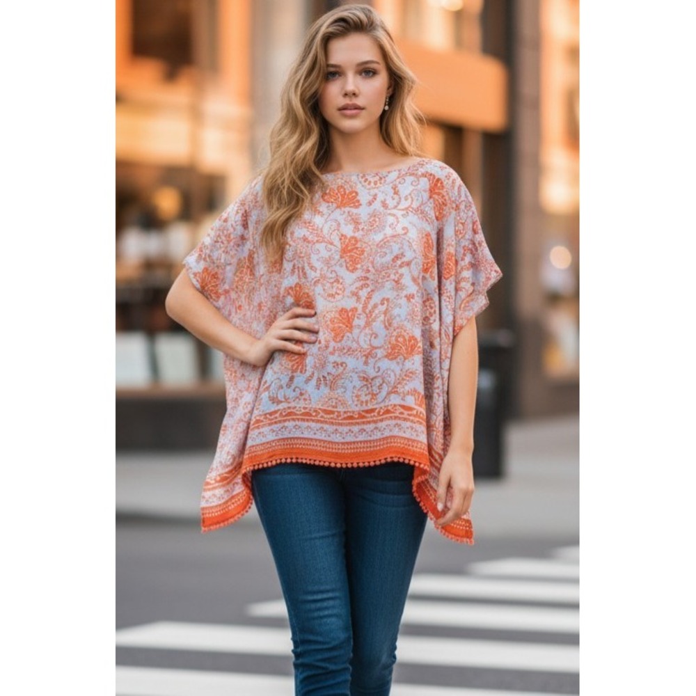 Talbots Orange White Paisley Floral Cotton Silk Pom Pom Trim Poncho Top Small
